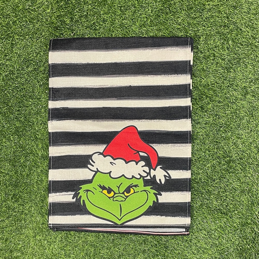 Striped 6’ Grinch Christmas Table Runner with Grinch’s Face on Both Ends